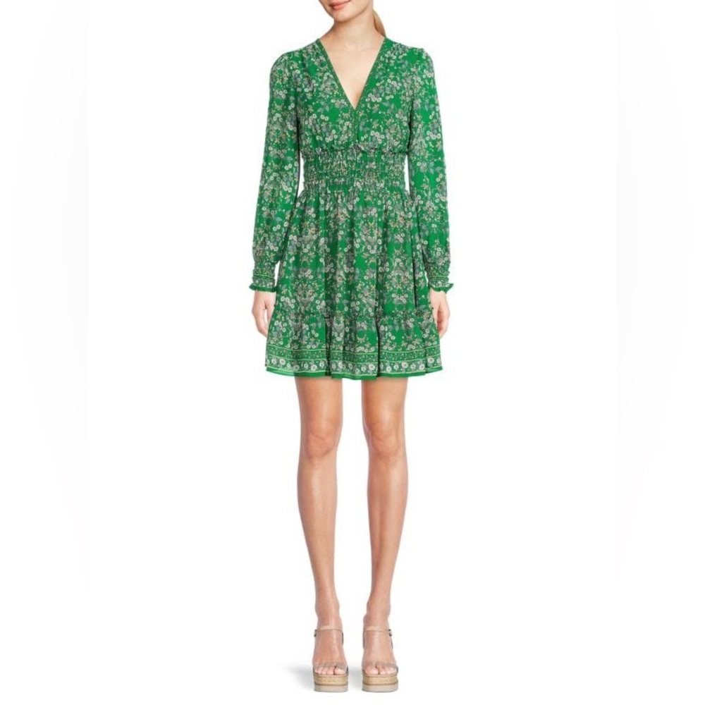 Max Studio Green Floral-Print Smocked Dress